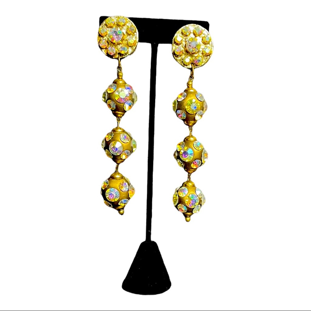 1980’s Long dangled earrings Gold Leather 4 balls covered w iridescent diamonds